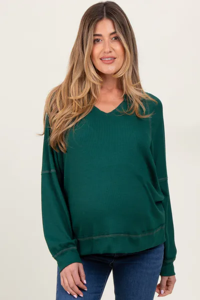 PinkBlush Forest Green Oversized V-Neck Waffle Knit Maternity Long Sleeve Top