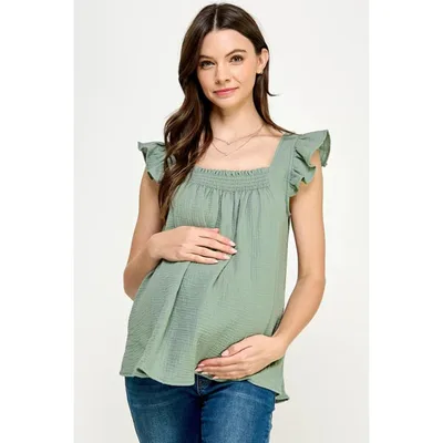 Target Hello Miz Maternity Cotton Smocked Flutter Sleeve Top - Sage - Medium