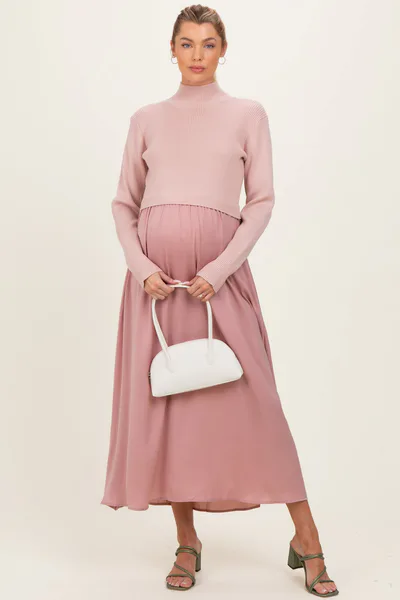 PinkBlush Mauve Knit Contrast Top Satin Maternity Midi Dress
