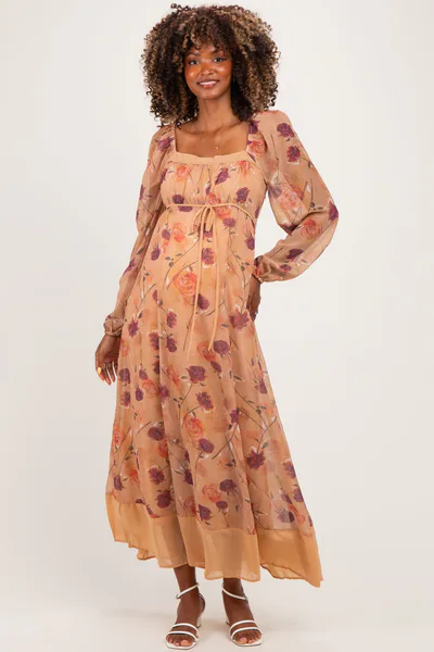 PinkBlush Sand Beige Floral Mesh Front Tie Maternity Maxi Dress