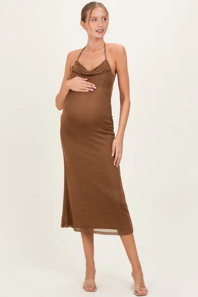 PinkBlush Brown Halter Cowl Neck Maternity Midi Dress