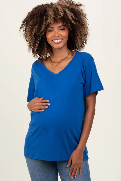 PinkBlush Royal Blue Oversized V-Neck Short Sleeve Maternity Tee
