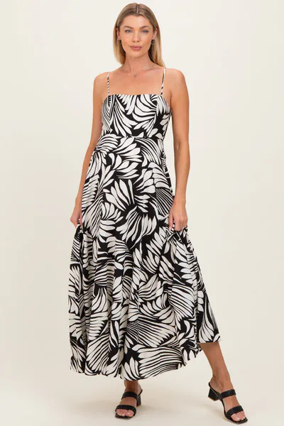 PinkBlush Black Printed Linen A-Line Maternity Midi Dress