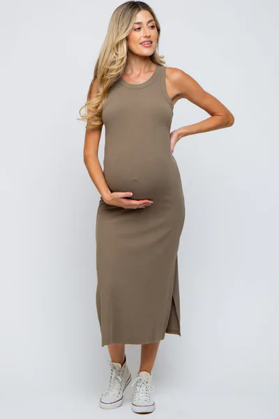 PinkBlush Taupe Ribbed Maternity Side Slit Tank Dress