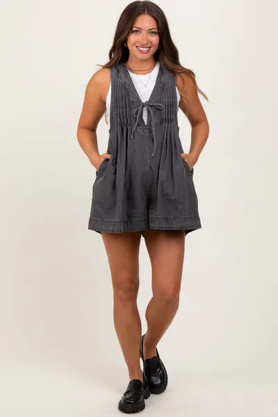 PinkBlush Charcoal Deep V-Neck Pleated Front Tie Sleeveless Maternity Romper