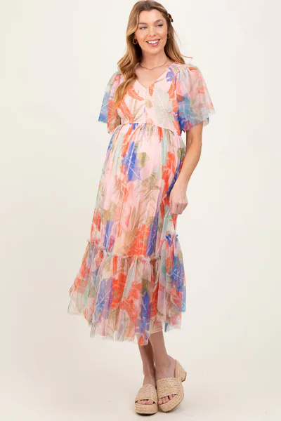 PinkBlush Peach Leaf Print Smocked Mesh Overlay Maternity Dress