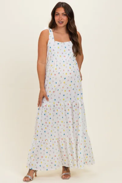 PinkBlush Ivory Floral Tiered Shoulder Tie Maternity Maxi Dress