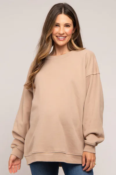 PinkBlush Beige Soft Knit Fleece Lined Maternity Sweatshirt