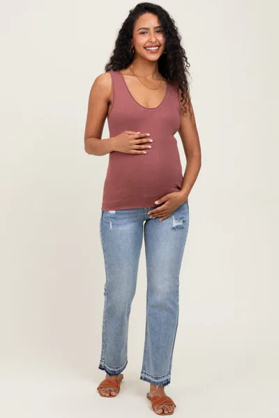 PinkBlush Light Blue Distressed Raw Hem Maternity Ankle Straight Leg Jeans