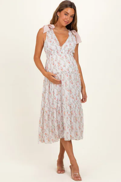 PinkBlush White Floral Shoulder Tie Deep V-Neck Tiered Maternity Maxi Dress
