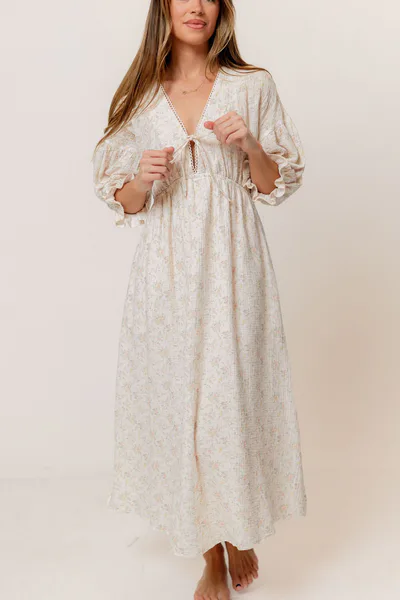 Worth Collective Hunter 100% Cotton Midi Dress with Trimming in Muted Blush Floral - Bump Friendly