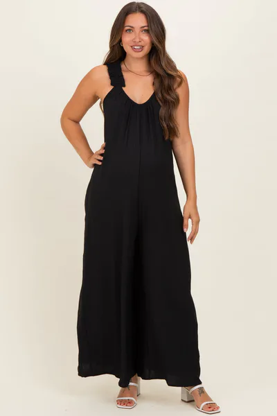 PinkBlush Black Ruffle Strap Maternity Wide Leg Jumpsuit