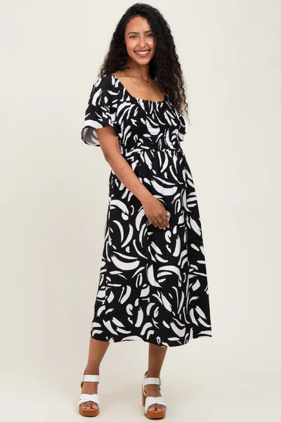 PinkBlush Black Printed Smocked Maternity Midi Dress
