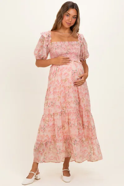 PinkBlush Pink Floral Chiffon Smocked Maternity Maxi Dress