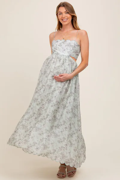 PinkBlush Light Sage Floral Scallop Edge Back Cutout Maternity Maxi Dress