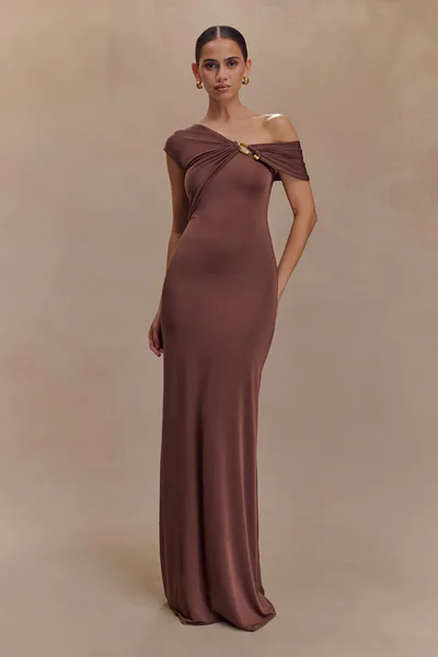 MESHKI Ashford Asymmetrical Slinky Maxi Dress - Chocolate