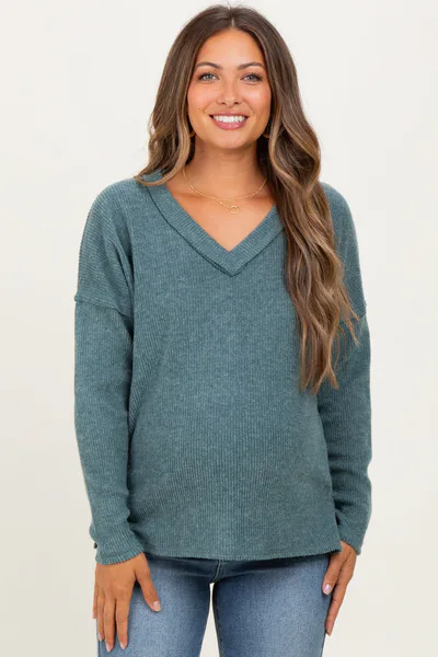 PinkBlush Ash Jade Ribbed V-Neck Long Sleeve Maternity Top