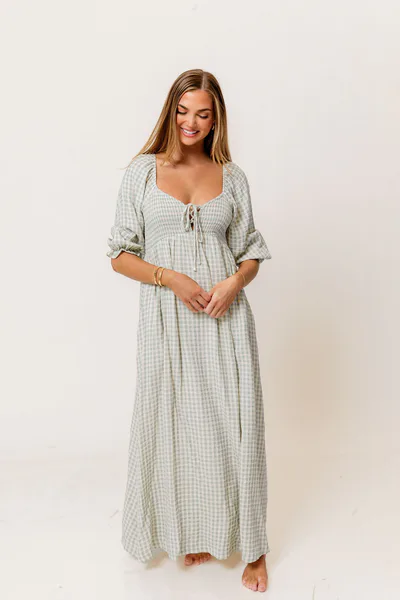 Worth Collective Cecilia 100% Cotton Smocked Maxi Dress in Aqua Plaid (Lined) - Bump Friendly