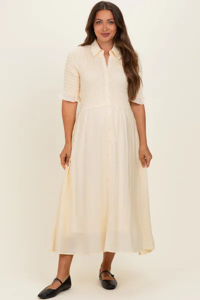 PinkBlush Pale Yellow Smocked Button Down Maternity Midi Dress