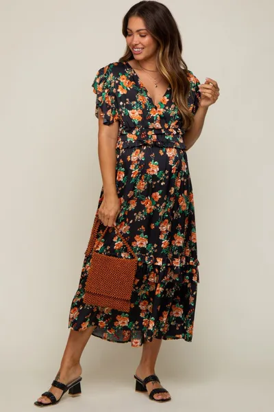 PinkBlush Black Floral Satin Ruffle Maternity Midi Dress