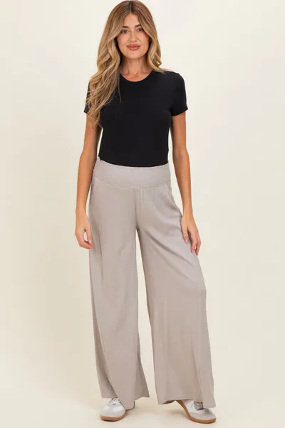 PinkBlush Beige Smocked Waistband Wide Leg Maternity Lounge Pants