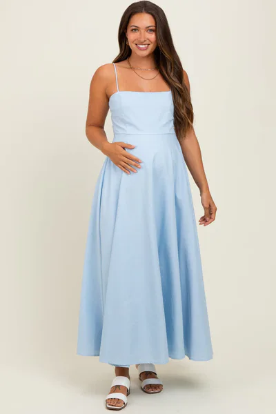 PinkBlush Light Blue Linen A-Line Flared Maternity Midi Dress