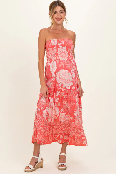 PinkBlush Coral Pink Floral Smocked Strapless Maternity Midi Dress