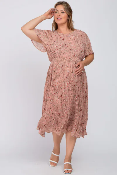 PinkBlush Light Pink Floral Pleated Chiffon Maternity Plus Midi Dress