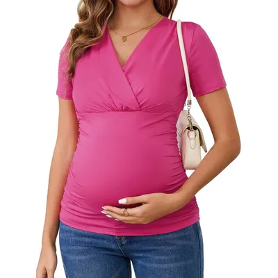 Target INSPIRE CHIC Women's Summer Nursing Blouse V Neck Short Sleeve Maternity Ruched Tops Small Hot Pink