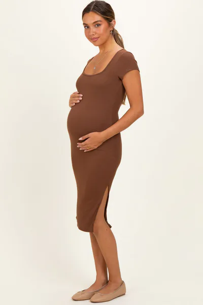 PinkBlush Cocoa Square Neck Side Slit Maternity Midi Dress