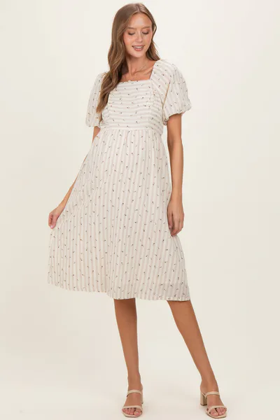 PinkBlush Beige Square Neck Striped Maternity Dress
