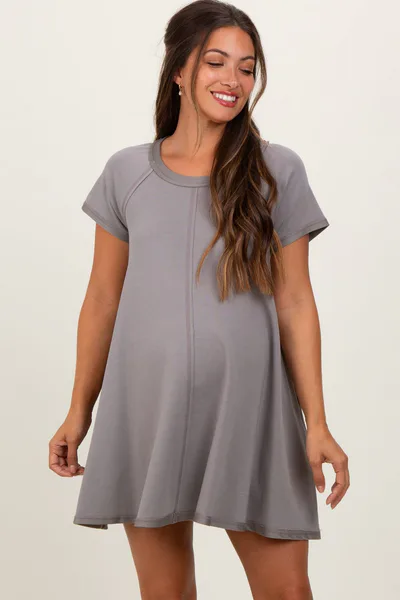 PinkBlush Mocha French Terry Basic Short Sleeve Maternity Mini Dress