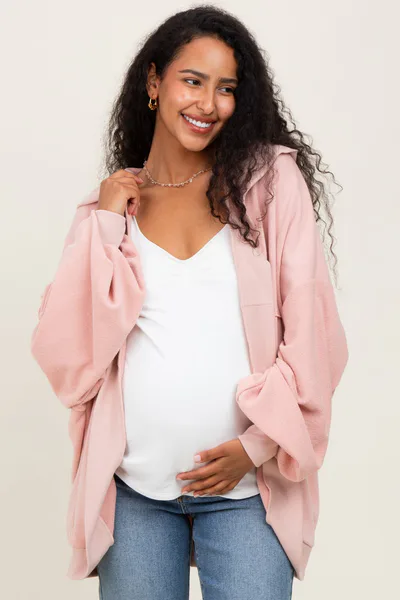 PinkBlush Pink Solid Terry Long Dolman Sleeve Vintage Maternity Hoodie