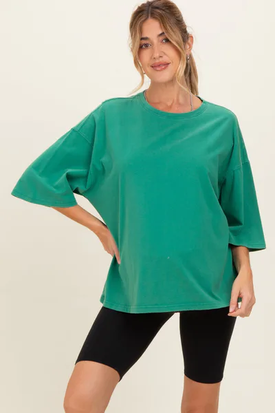 PinkBlush Green Washed Oversized Crew Neck Maternity Top
