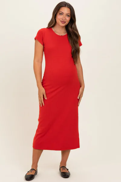 PinkBlush Red Basic Crewneck Maternity Midi Dress