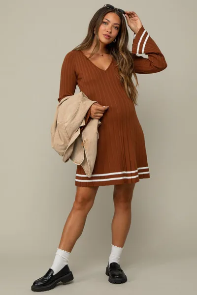 PinkBlush Mocha V-Neck Pleated Maternity Knit Dress