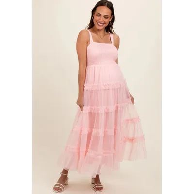 Target Pinkblush Light Pink Smocked Ruffle Tiered Tulle Maternity Midi Dress Small