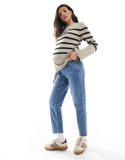 ASOS Mamalicious Maternity straight leg jeans with soft over the bump band in medium-blue wash