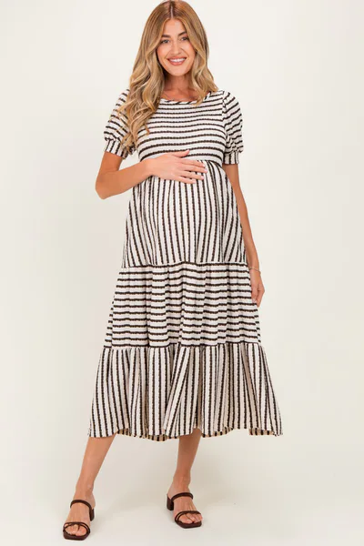 PinkBlush Cream/ Brown Striped Short Sleeve Tiered Maternity Maxi Dress