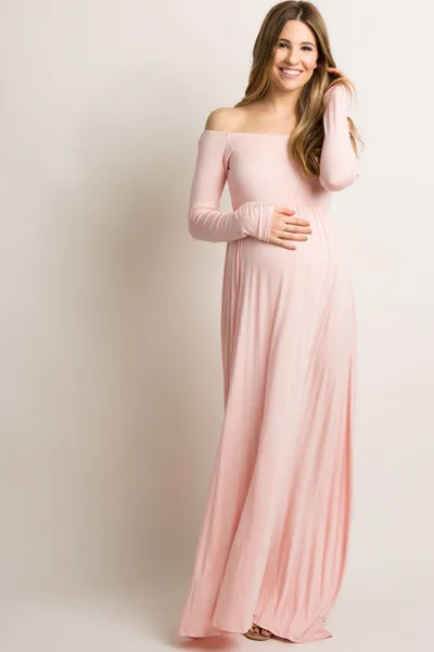 PinkBlush PinkBlush Pink Solid Off Shoulder Maternity Maxi Dress