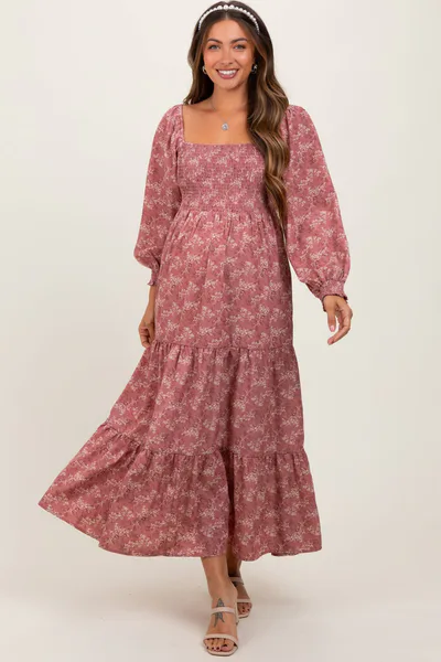 PinkBlush Mauve Floral Smocked Square Neck Maternity Maxi Dress