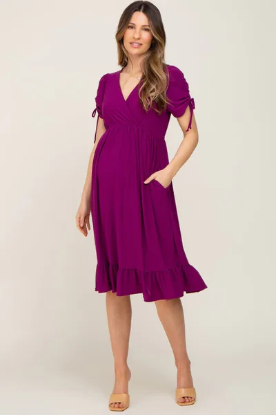 PinkBlush Purple Cinched Sleeve Maternity Midi Dress