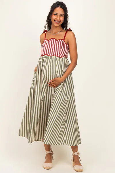 PinkBlush Olive Striped Colorblock Scallop Detail Maternity Midi Dress