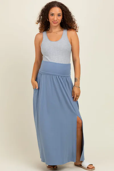 PinkBlush Light Blue Foldover Waist Side Slit Maternity Maxi Skirt