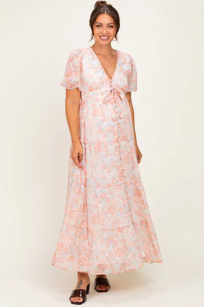 PinkBlush Coral Floral Button Down Front Tie Maternity Maxi Dress