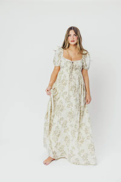 Worth Collective Haven 100% Cotton Tie-Front Maxi Dress in Taupe/Brown Floral - Bump Friendly