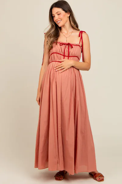 PinkBlush Salmon Contrast Ribbon Trim Maternity Maxi Dress