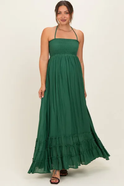 PinkBlush Hunter Green Smocked Halter Open Back Maternity Maxi Dress