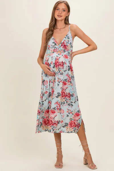 PinkBlush Blue Floral Twisted Front Cutout Maternity Midi Dress