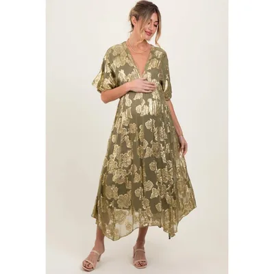 Target PinkBlush Olive Metallic Floral Jacquard Overlay Maternity Maxi Dress Olive Large